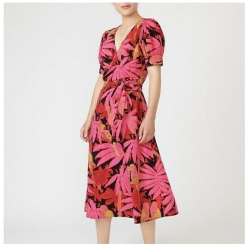 JCrew Faux Wrap Midi Dress Palm Print Tropical Pink Red Gold‎ Women's Sz 6 B39